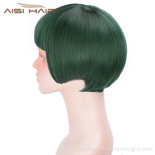 Aisi Hair Short Straight Hair Bob Wigs Synthetic Cosplay Short Wigs Heat Resistant Fiber Green Short Bob Wigs for Women